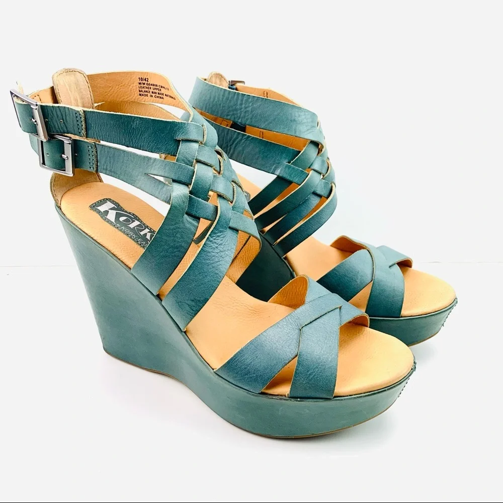 Korks by Kork-Ease Monroe Light Teal Leather Platform Wedge Sandal
